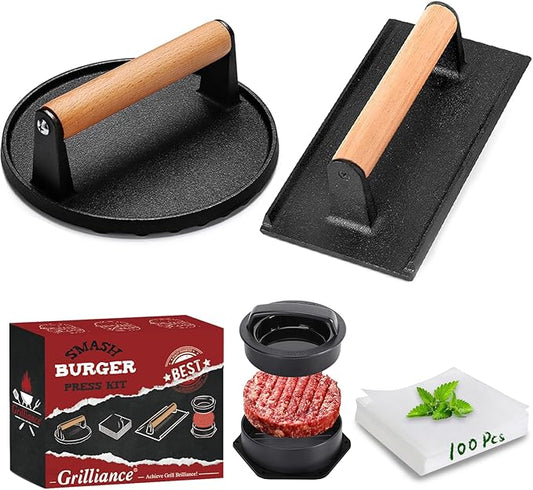 Grilliance Smash Burger Press Kit, 3 in 1 Hamburger Press Patty Maker, Black Cast Iron Burger Press Round & Rectangle, 100pcs Wax Paper for Grill, Griddle, Flat top, Kitchen, Cooking