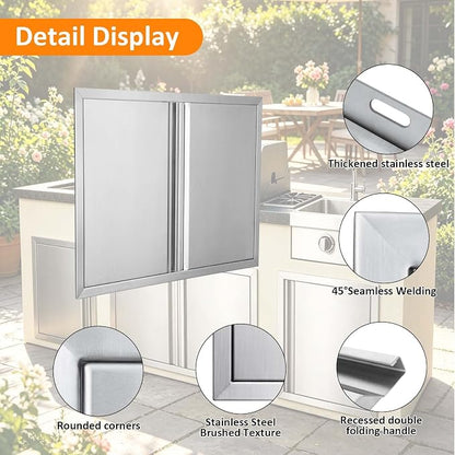 JIE JIN Outdoor Kitchen Door 24" W X 24" H Double Doors BBQ Access Door BBQ Island Door 304 Brushed Stainless Steel Flush Mount Door for Outdoor Kitchen BBQ Island Outdoor Cabinet Doors