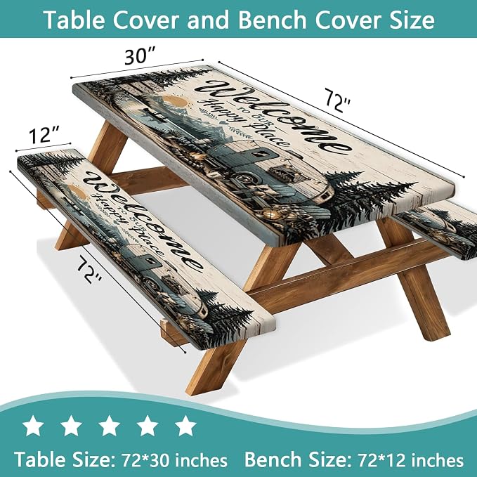 Picnic Table Cover with Bench Covers and Bag, Camping Essentials, Vintage Camper Waterproof Windproof Fitted Camping Tablecloths with Elastic Edges for Indoor, Outdoor & Garden, 3 Pcs Set 30x72 Inch