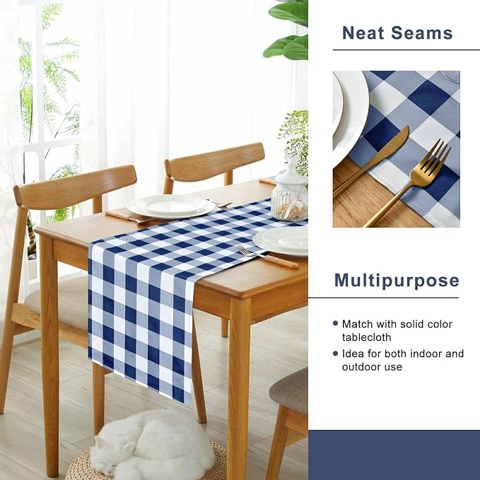 Hiasan Buffalo Plaid Table Runner, Classic Farmhouse Tabletop Collection, Waterproof Table Runner for Kitchen Dining, Banquet, Restaurant, Outdoor Use, 14W x 108L, Navy Blue and White, 1 Piece