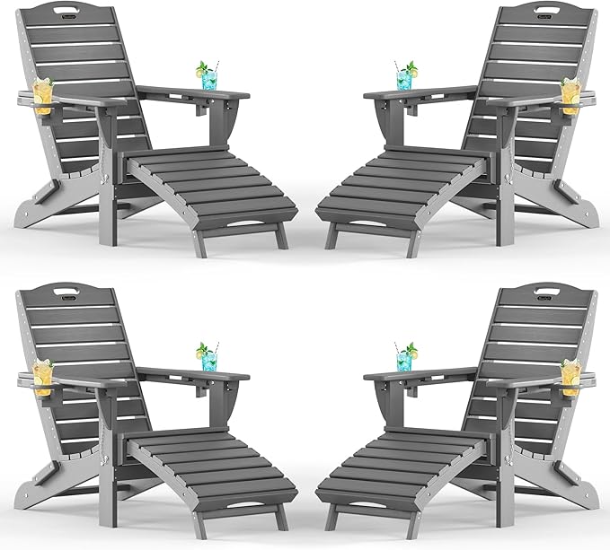 Adjustable Adirondack Chairs Set of 4 with Retractable Ottoman, HDPE Folding Adirondack Chair with Cup Holders, Weather Resistant for Backyard, Poolside & Fire Pit (Grey)