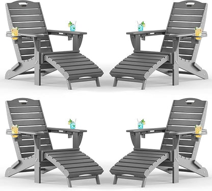Adjustable Adirondack Chairs Set of 4 with Retractable Ottoman, HDPE Folding Adirondack Chair with Cup Holders, Weather Resistant for Backyard, Poolside & Fire Pit (Grey)