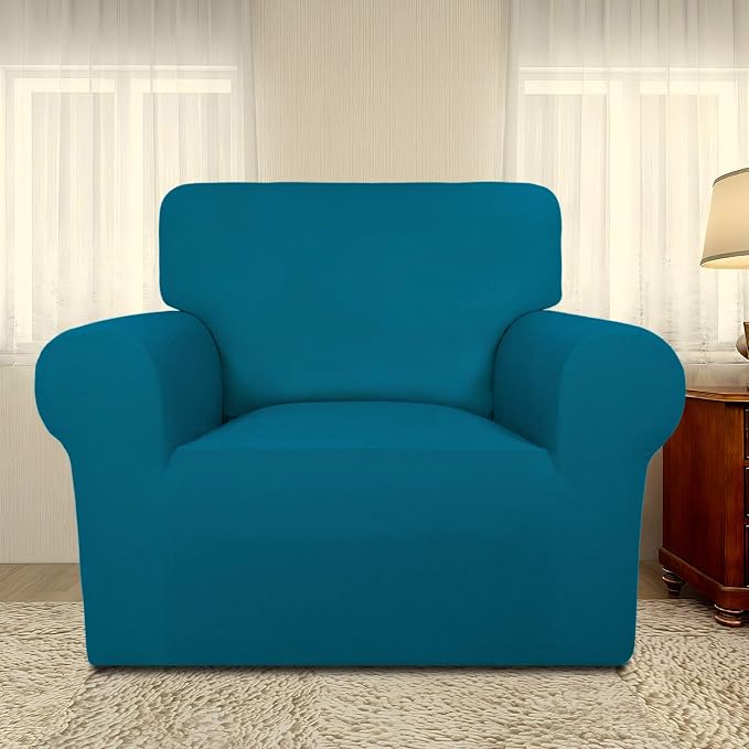 PureFit Stretch Chair Covers Fleece Couch Covers for Sofa Peacock Blue | 1-Piece Spandex Couch Cover Soft Couch Protector, Sofa Cover Washable with Non Skid Foam and Elastic Bottom for Kids, Dogs