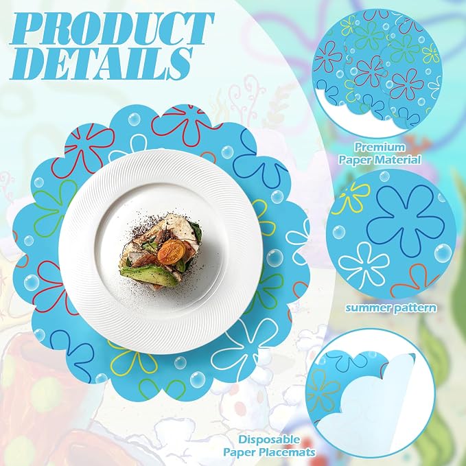 100 Pcs Beach Paper Placemats, Sea Sponge Birthday Party Supplies, 13.5 Inch Blue Flower Placemats Under the Sea Round Scalloped Disposable Placemat for Baby Shower Summer Ocean Theme Party Favors