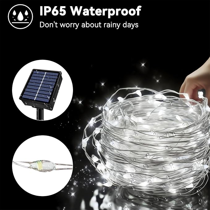 Solar String Lights Outdoor Waterproof 33ft 100LED 8 Modes Twinkle Lights Solar Fairy Lights for Patio, Garden Yard Party Wedding Tree Christmas Halloween Decoration, White