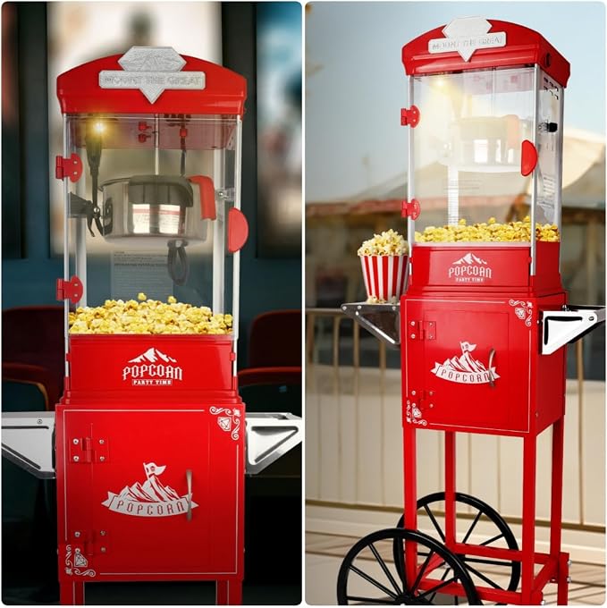 Popcorn Machine with Cart, 10 Oz Kettle, Mobile Popcorn Maker for 64 Cups per Batch, Nostalgia Professional Cart with Simple One-Touch & 3 Spoons, Movie Night Supplies for Home, Black