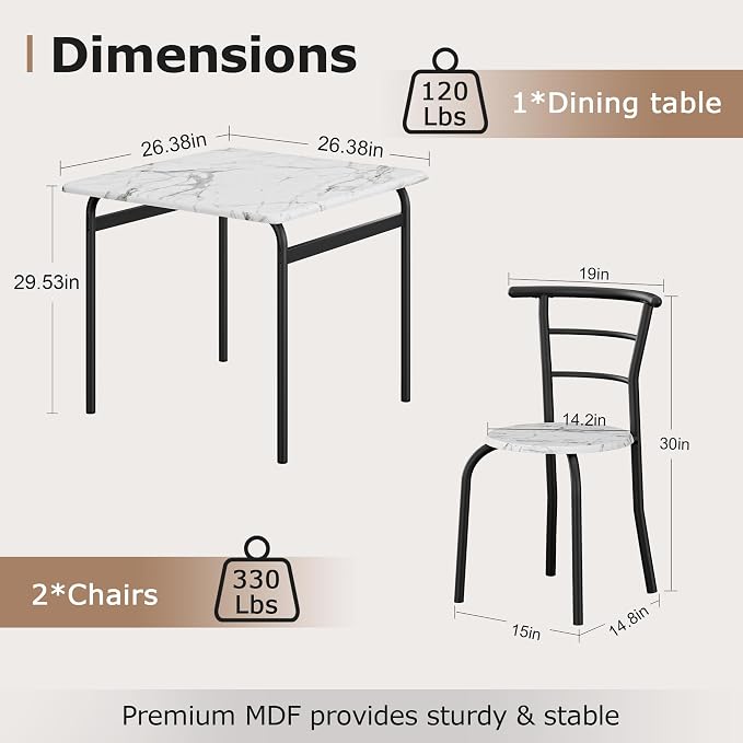 VECELO 3-Piece Dining Table Set for Kitchen Breakfast Nook, Faux Marble Square Tabletop and Metal Frame, for Small Spaces, White & Black