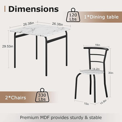 VECELO 3-Piece Dining Table Set for Kitchen Breakfast Nook, Faux Marble Square Tabletop and Metal Frame, for Small Spaces, White & Black