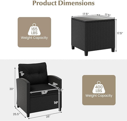 HAPPYGRILL 3 Pieces Wicker Patio Conversation Set, PE Rattan Bistro Sofa Set with Tempered Glass Coffee Table, Washable Cushions, Outdoor Furniture Set for Garden Poolside Balcony (Black)