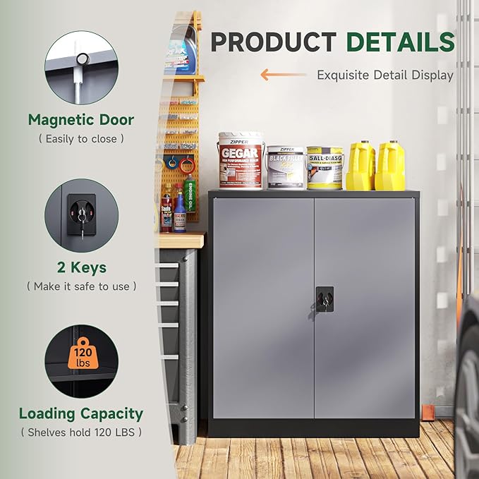 Letaya Metal Storage Cabinets with Lock Door,2 Adjustable Shelves Organizer Steel Storage Cabinets for Home,Office,Warehouse,Garage,Employee Lockers(Black Gray)