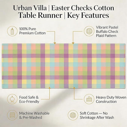 Urban Villa Easter Checks 100% Cotton Fused Table Runner, 14" x 72" Inches, Checkered/Plaid Pattern, Heavy Duty, Machine Washable, Eco-Friendly, Food Safe