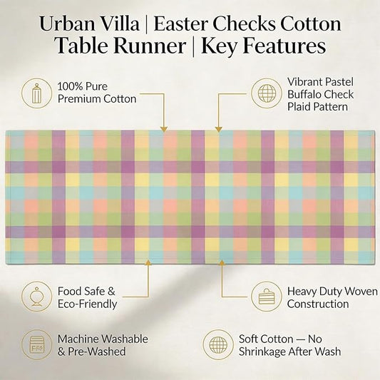 Urban Villa Easter Checks 100% Cotton Fused Table Runner, 14" x 72" Inches, Checkered/Plaid Pattern, Heavy Duty, Machine Washable, Eco-Friendly, Food Safe