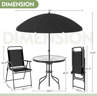 Shintenchi 6 Piece Outdoor Patio Furniture Set, Small Outdoor Patio Dining Table and Chairs Set, Outdoor Seating with Umbrella for Backyard, Balcony, Front Porch, Onyx