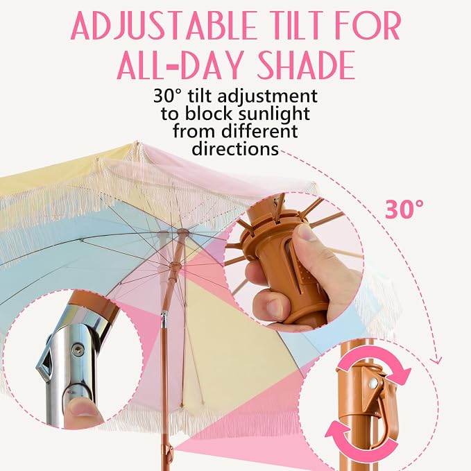 CroBlissful 6 ft Boho Fringe Patio Umbrella, Upf 50+ Macaron Outdoor Picnic Canopy with Tassels, 8 Steel Ribs and 30° Push Button Tilt, Colorful Beach Umbrella for Garden, Pool, Backyard