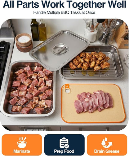 5 in 1 Grill Prep Tray and Carry System, Large Grilling Prep and Serve Tays with Lid and Cutting Board, Deep Meat Marinating Container as BBQ Grilling Gift, Home Series, L