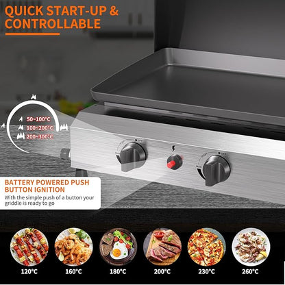 SKOK 3 Burner Gas Griddle with Hood- 23.3 Inch Outdoor Propane Griddle-45000 BTU Propane Fuelled, Portable Flat Top Gas Grill Camping Griddle with Lid