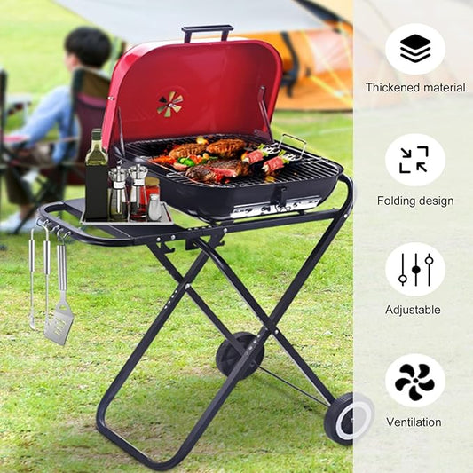 Portable Charcoal Grill with Wheels, Foldable BBQ Grill for Outdoor Cooking, Heavy Duty Charcoal Barbecue Grill for Camping Griddle, Backyard, Patio, Picnic Grilling, Travel