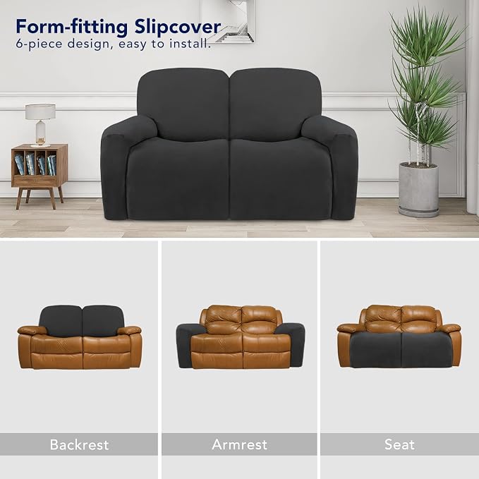 PureFit Super Stretch Loveseat Recliner Sofa Couch Cover with Pocket | 2 Seats Non Slip Soft Sofa Slipcover, Washable Reclining Furniture Protector for Kid,Pets (Recliner Loveseat, Dark Gray)