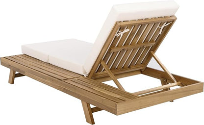 Christopher Knight Home Dami Patio Chaise Lounge Chair Outdoor with Foldable Cushion, Acacia Wood Poolside Sun Lounger, Space Available On One Side, Adjustable Backrest Pool Lounger, Light Brown+Cream