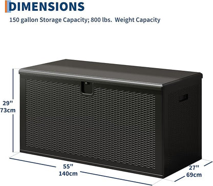 Garvee 150 gal Large Resin Deck Box, Waterproof & Weatherproof Outdoor Storage Box, Lockable Pool Storage Bin with Lid for Porch Patio Garden Backyard, Black