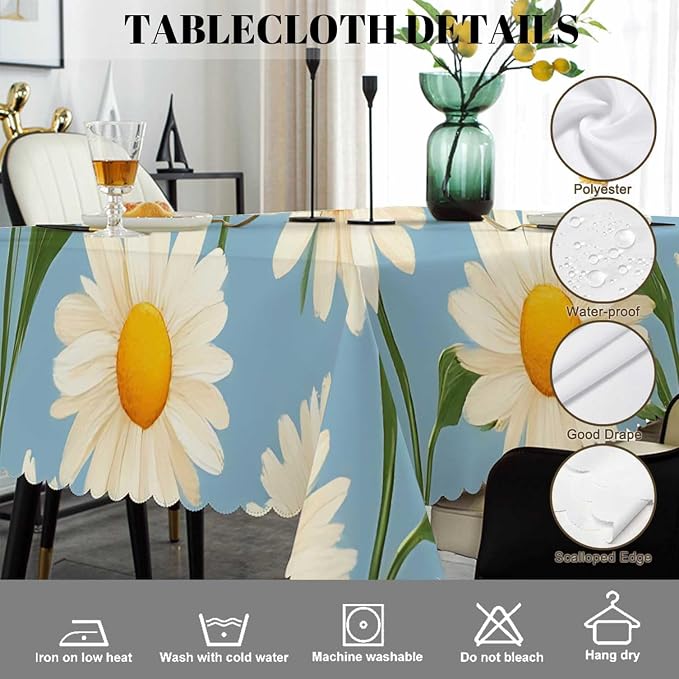 Swono Tablecloth 52"X70" Daisy, Blossom Floral White Daisy Rectangle Table Cover Anti-Oil Tablecloth for Dining Tables, Parties, Picnic, Wedding and Banquet Decoration