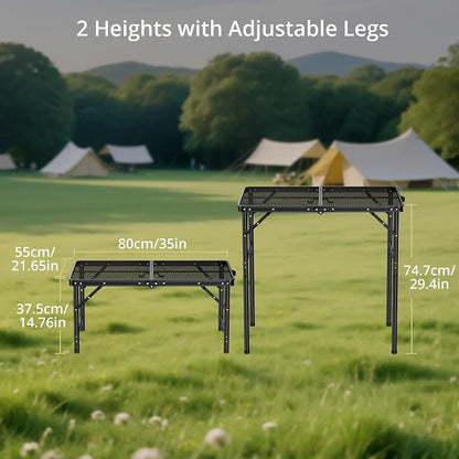 Anbte Portable Grill Table Max 29.5", 2 Adjustable Heights Folding Camping Table with Heat-Resistant Mesh Tabletop &Portable Handle, Waterproof, for Cooking BBQ Outdoor Patio, 31" X 22", Black