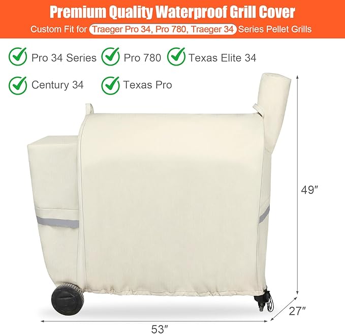 QuliMetal Pellet Grill Cover for Traeger Pro 34/780, Texas Elite 34, Eastwood 34 Series Pellet Grills, Z Grills 700/550/600, 600D Fade Resistant Full Length Grill Cover with Elastic Drawstrings, Beige