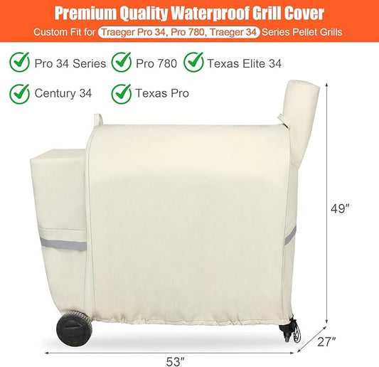 QuliMetal Pellet Grill Cover for Traeger Pro 34/780, Texas Elite 34, Eastwood 34 Series Pellet Grills, Z Grills 700/550/600, 600D Fade Resistant Full Length Grill Cover with Elastic Drawstrings, Beige