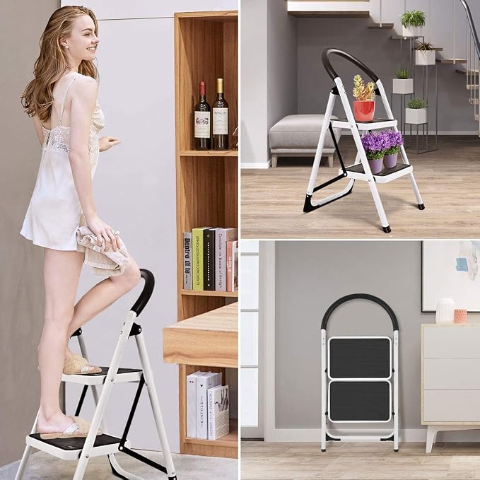 COSTWAY 2 Step Ladder, Folding Step Stool w/Wide Anti-Slip Pedal & Cushioned Handle, Multiuse Lightweight Portable Stepladder 330 lbs Capacity, Stool Ladder for Home Kitchen Office
