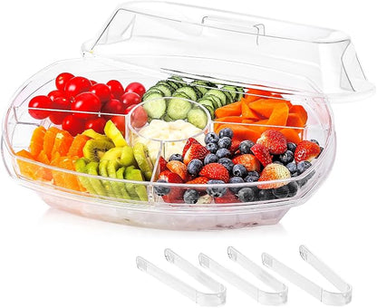 Fruit Ice Serving Tray, Chilled Veggie Tray, Shrimp Cocktail Serving Dish, Appetizer Serving Platter for Parties, with Lid and 4 Compartments