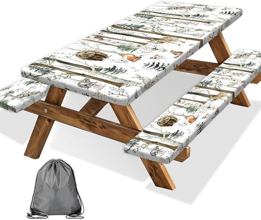 JAWO Picnic Table Cover with Bench Covers, Rustic Forest Cabin Camper Fitted Table Cover, Outdoor Patio Camping Essentials, Waterproof Camping Fitted Tablecloth with Drawstring Bag 30X72inch