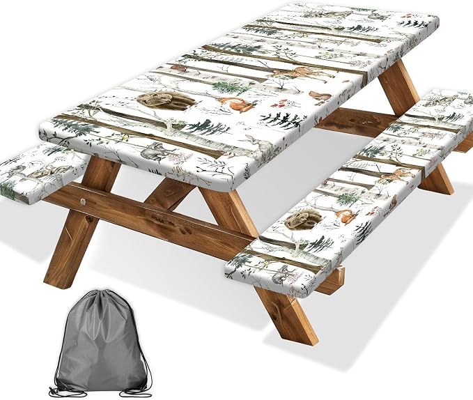 JAWO Picnic Table Cover with Bench Covers, Rustic Forest Cabin Camper Fitted Table Cover, Outdoor Patio Camping Essentials, Waterproof Camping Fitted Tablecloth with Drawstring Bag 30X96inch