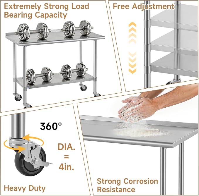 ROCKPOINT All Stainless Steel Prep Table with Caster & Backsplash 24x72 Inch，Commercial Heavy Duty Workbench with Stainless Legs & Adjustable Undershelf,890 lb Capacity for Outdoor Kitchens with Wheel