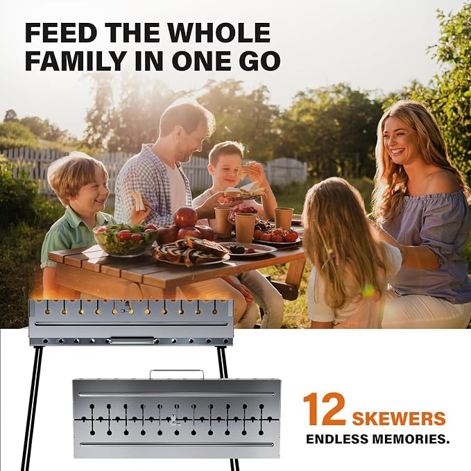 Stainless Steel Charcoal Grill, Portable Foldable Kabob Mangal, Heavy-Duty Rustproof BBQ, 24.80x9.45x25.2 Inch, for Outdoor Use, 12 Skewer Capacity, (Skewers Not Included)