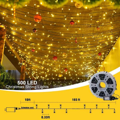 QITONG 500LED Warm White String Lights, 165ft Christmas Lights Outdoor Waterproof with Plug in, Green Wire Twinkle Tree Lights Indoor with 8 Modes
