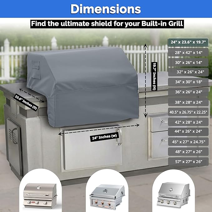 Covers & All Built-in Grill Cover for Outdoor Grill – Heavy Duty 12 oz Waterproof Built-in BBQ Grill Cover, PVC-Coated Polyester with Elastic Hem for Snug Fit (24 x 23.6 x 19.7 inches, Grey)