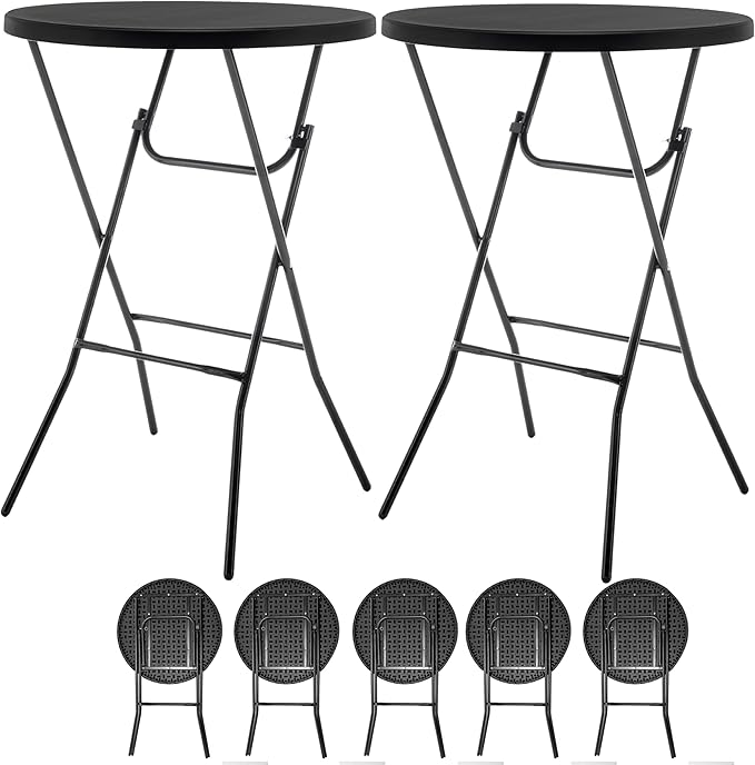 BTEXPERT Set of 5, Black 2.63 Foot Round Plastic Bar Height Folding Table Commercial Portable for Banquet Patio Backyard Dining Wedding Party Events Home Kitchen Indoor Outdoor, Thick Top Metal Frame