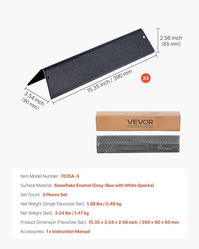 VEVOR Flavorizer Bars, 15 in Grill Replacement Part, for Weber Spirit I & II 200 Series Grills, Including Spirit ll E-210, ll E-220, ll S-210, E-210, S-210, Porcelain-enameled Steel Heat Plate, 3 Pack