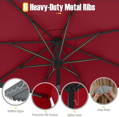 Tangkula 10 FT Patio Umbrella, 2-Tiers Scalloped Outdoor Table Market Umbrella with Tilt Adjustment, Crank, 8 Sturdy Ribs for Pool, Deck, Backyard (Red)