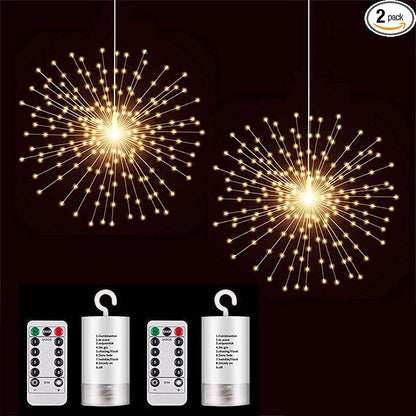 PXBNIUYA 2 Pack Starburst Sphere Lights,200 LLED Firework Lights, 8 Modes Dimmable Remote Control Waterproof Hanging Fairy Light, Copper Wire Light for Patio Parties Christmas (Battery Operated)