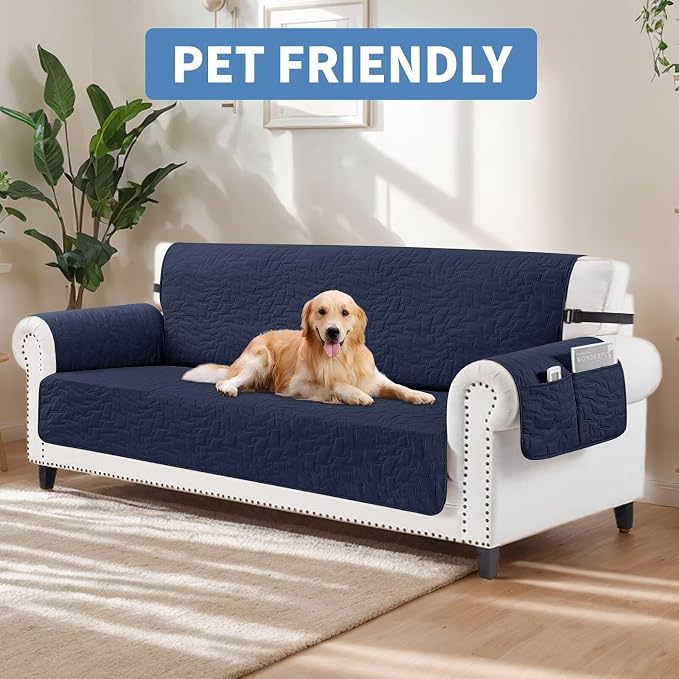 CUCRAF Non Slip Quilted Sofa Cover, Water Resistant Slipcover Furniture Protector for 2 Cushion Sofa Pet Friendly, Washable Couch Cover with Adjustable Elastic Straps (Medium-XL Loveseat, Navy Blue)