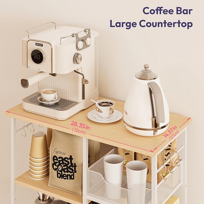 SWTYMIKI Kitchen Island Cart on Wheels - 28.35x14.57in Rolling Kitchen Table Cart with Storage Shelves, 6 Removable Hooks& Locking Casters, Coffee Bar Cabinet for Dining Room Pantry Office, White