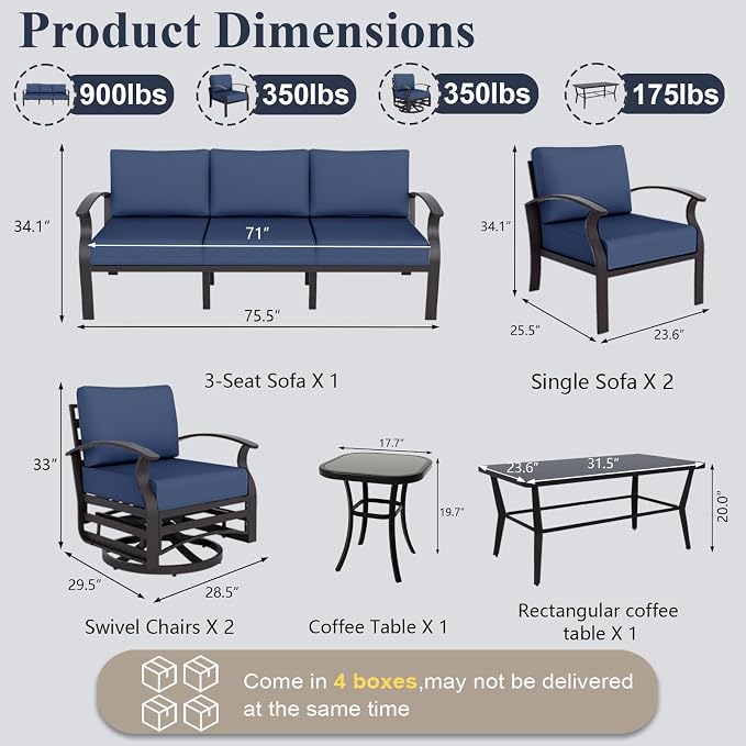 ALAULM Aluminum Patio Furniture Set with Coffee Table Rectangular, 7-seat Outdoor Sectional Furniture w/Swivel Chairs, Patio Conversation Set for Porch, Backyard, Poolside-Dark Blue