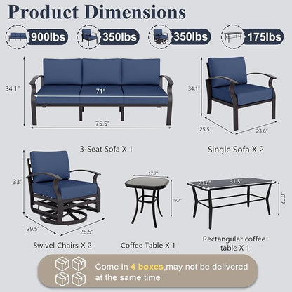 ALAULM Aluminum Patio Furniture Set with Coffee Table Rectangular, 7-seat Outdoor Sectional Furniture w/Swivel Chairs, Patio Conversation Set for Porch, Backyard, Poolside-Dark Blue