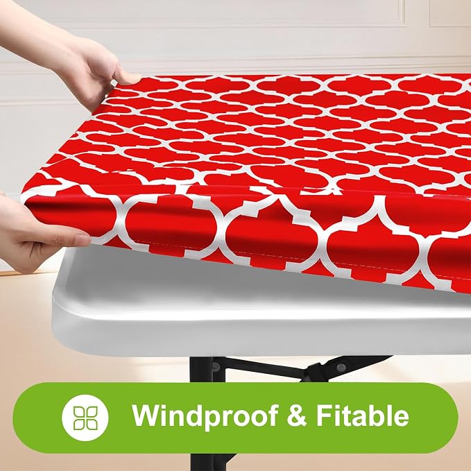 Smiry Picnic Fitted Table Cover, 4 Foot Flannel Backed Vinyl Tablecloth | Waterproof Elastic Stretch Table Cloth, Wipeable Plastic Tablecloth for Camping, Indoor & Outdoor (Red, 24" x 48")