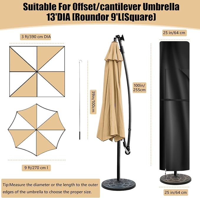 Patio Umbrella Cover for 9ft to 13ft Offset Umbrella, 600D Oxford Fabric Cantilever Umbrella Covers All-Weather Protection with Sturdy Waterproof Zipper and Top Vent