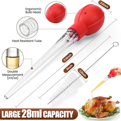 OLESBUR Premium Turkey Basters for Cooking – Baster Syringe for Hot Liquids – Meat and Food Injector – Essential Thanksgiving Cooking Tool – Turkey Baster Large with Cleaning Brush (Red)