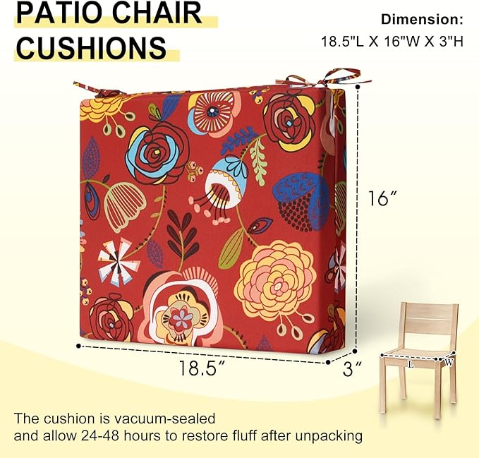 downluxe Outdoor Chair Cushions Set of 4 for Patio Furniture, Water-Resistant Square Corner Patio Chair Cushions with Ties, High Density Foam Outdoor Seat Cushion, 18.5" X 16" X 3", Sonia Scarlet