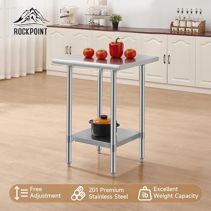 ROCKPOINT All Stainless Steel Table for Perp & Work 24x24 Inch,Commercial Heavy Duty Workbench with Stainless Legs & Adjustable Undershelf, 670 lb Capacity for Restaurant,Home and Outdoor Kitchens