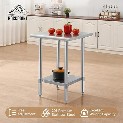 ROCKPOINT All Stainless Steel Table for Perp & Work 24x24 Inch,Commercial Heavy Duty Workbench with Stainless Legs & Adjustable Undershelf, 670 lb Capacity for Restaurant,Home and Outdoor Kitchens